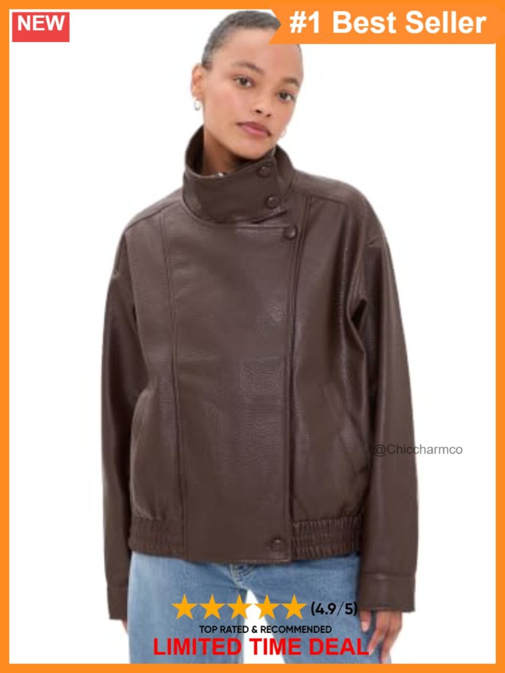 Faux Leather Jacket Funnel Neck Snap Flap Zip Fall Winter Coat